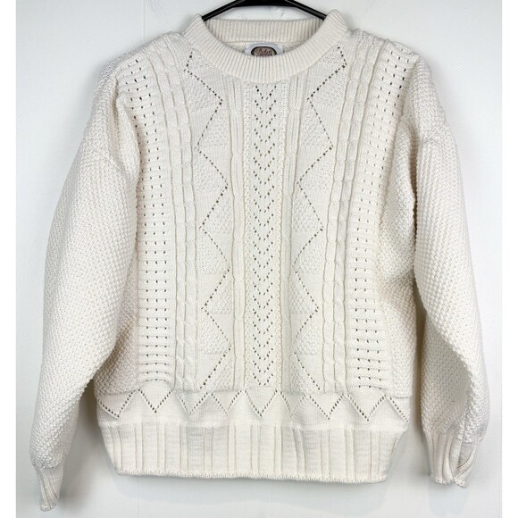Vintage Sweaters - Womens L Vintage Sweater Knit Cream Cotton Grannycore 90s Mom Fisherman Crewneck
